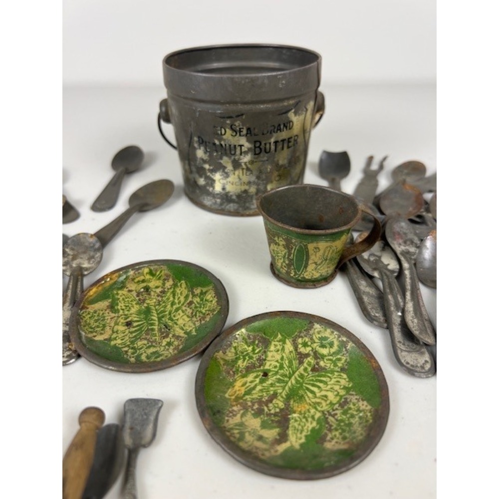 Antique Red Seal Peanut Butter Tin Pail Toy Tea Set Butterfly Plates Spoons Lot